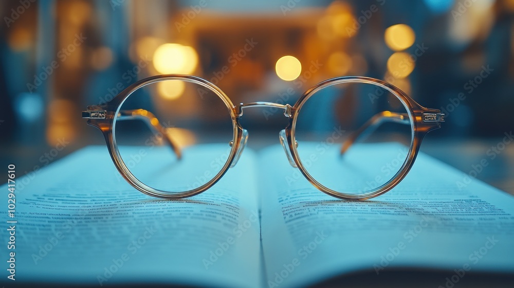 Poster a pair of glasses resting on an open book, symbolizing reading and knowledge.