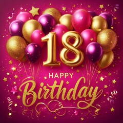 Colorful birthday celebration with balloons, featuring the number 18 and golden accents.