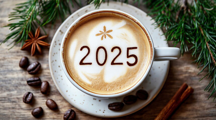 A cup of coffee with the year "2025" on the foam stands on a wooden table. Coffee beans, cinnamon and green fir branches lie around. Christmas and New Year greeting concept. Close-up.