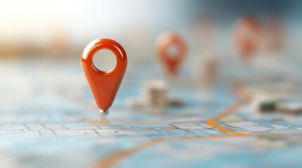 Fototapeta premium An expansive view of a map adorned with several orange location pins, reflecting the complexity of urban navigation and geographic exploration.