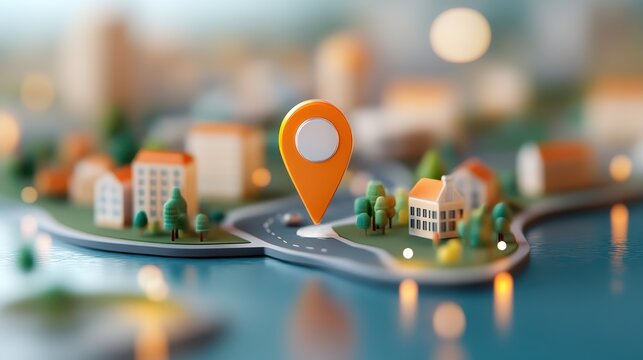 A creative illustration of a map with a location marker, showcasing a miniature town scene, symbolizing urban planning and local exploration.