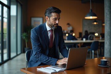 Hispanic businessman working on laptop at modern coworking desk