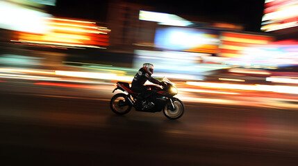 Obraz premium A nighttime motorcycle race under the lights with riders streaking past illuminated billboards in a high-speed blur.