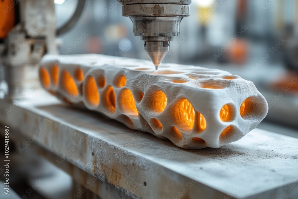 Poster a 3d printer creating a complex, hollow structure with illuminated interiors.