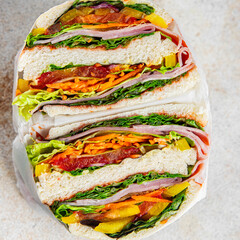 vegetable sandwich layers ham meat spam fresh meal food snack on the table copy space food...