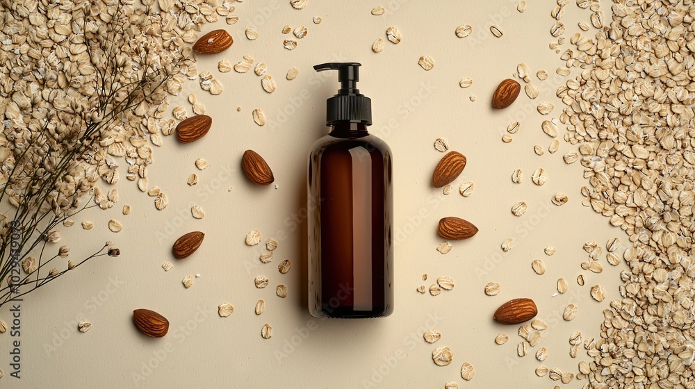 Poster a bottle of lotion sits atop a table with a cluster of nuts and a twig nearby