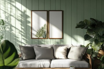 Modern Scandinavian Interior with Wooden Frame and Blank Poster on White Wall