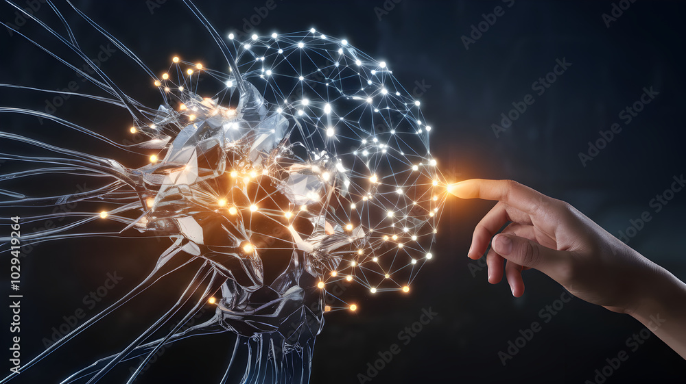 Poster neural network innovation: hand reaching towards a glowing digital brain, representing artificial in