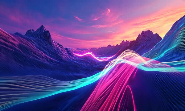 Abstract mountain range with neon pink and blue lines at sunset