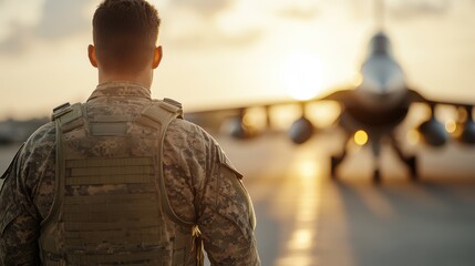 An army individual in tactical gear views a stationary fighter plane on a runway at twilight, representing military strength, tranquility, and technological advancement.