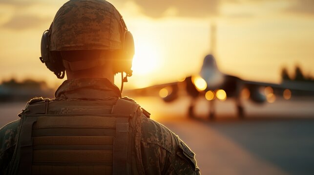 Military personnel in full tactical attire faces a jet on an empty airfield at dawn, embodying defense readiness, commitment, and the serene beauty of sunrise.