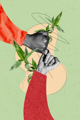 Vertical composite collage artwork image picture of two arms hold pinky fingers isolated on creative background