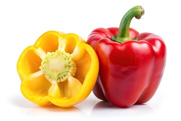 Red and yellow pepper slices isolated on white background with reflection