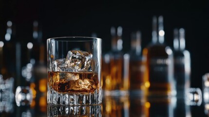 A bottle of whiskey is poured over ice into a glass. Whiskey glass against a reflective black background. Various alcoholic drink bottles may be seen in the background.