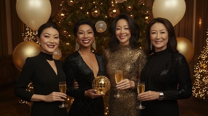Glamorous New Year celebration with diverse women in chic evening dresses and champagne in a luxurious festive setting
