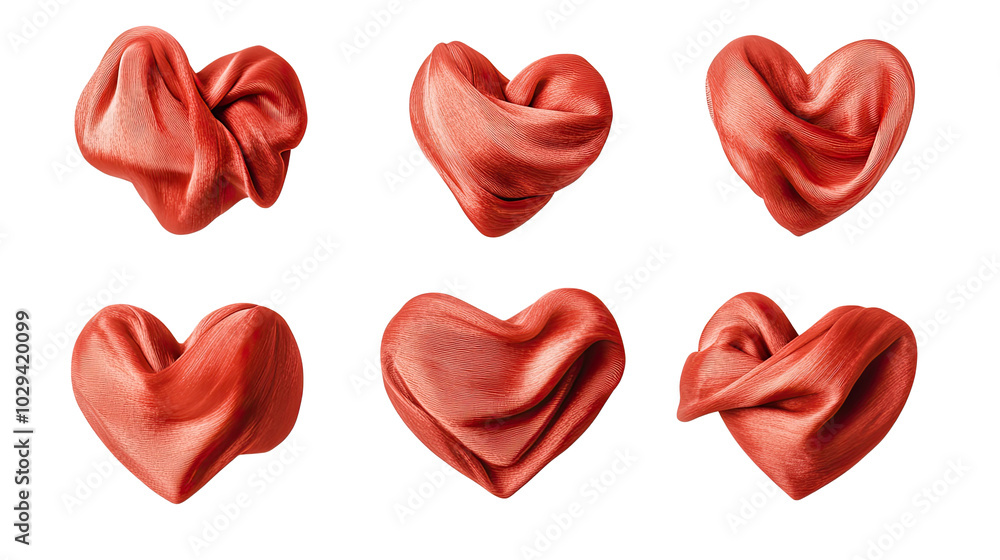 Poster set of abstract red silk hearts displayed on a white background generative ai