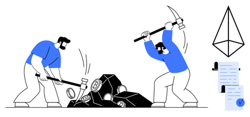 Two workers breaking rocks with tools to extract cryptocurrency. An smart contract symbol above some documents with a seal. Ideal for blockchain technology cryptocurrency mining financial