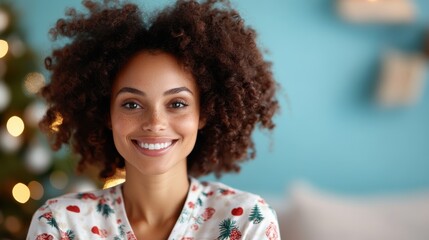 This image shows a joyful individual with curly hair beaming in front of a soft-focus seasonal backdrop with festive attire, embodying happiness and warmth.