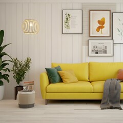  bright yellow sofa positioned against a white wall, surrounded by lush green plants in a cozy room setting.