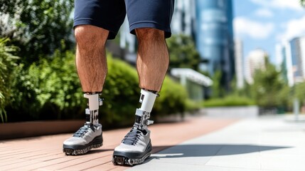 A powerful image of a man confidently walking with advanced prosthetic legs, showcasing strength and determination amidst a vibrant urban backdrop.