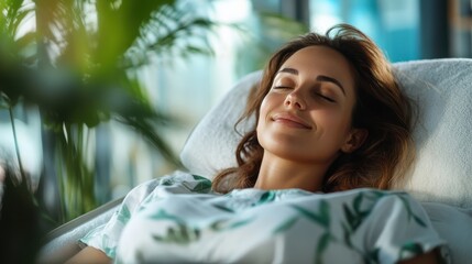 A serene image of a woman lying back and enjoying a tranquil moment at a spa, surrounded by plants, reflecting contentment through her relaxed expression.