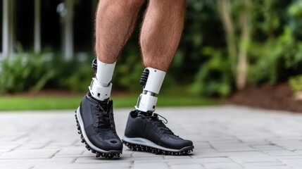 A powerful depiction of a man striding confidently with prosthetic legs on a paved pathway, demonstrating resilience and strength in a tranquil environment.