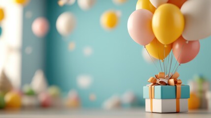 A vibrant blue backdrop sets the scene for colorful balloons tethered to a gift box. This festive composition evokes joy and celebration, perfect for festive occasions.