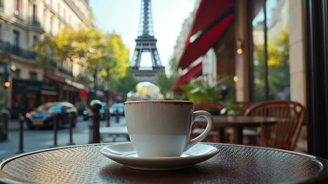 A cup of coffee sits on a table in a Parisian cafe with the Eiffel Tower in the background