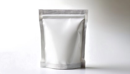 Blank white sachet packet standing upright on a white background with soft shadows for product packaging showcase. Generative AI