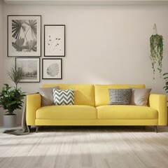 A sunny yellow sofa in a room featuring a white wall, enhanced by greenery from nearby plants for a lively ambiance.