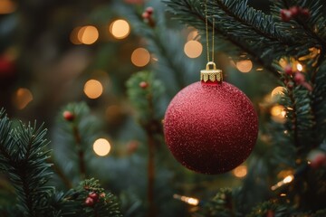 Fototapeta premium Festive Holiday Decor: Red Bauble Ornament on Christmas Tree Branch