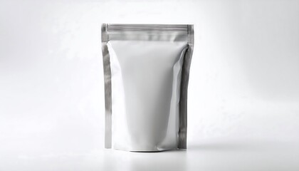 Blank white sachet packet standing upright on a soft-shadowed white background for packaging mockups or designs. Generative AI