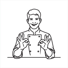 single one line young happy attractive male chef silhouette on white background