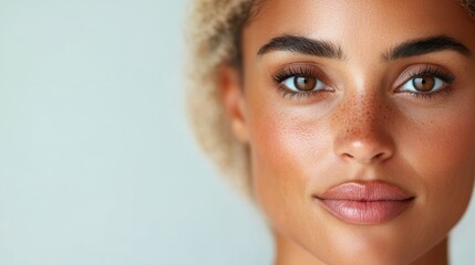 Naklejka premium A close-up portrait of a woman with freckles and a warm, inviting smile, exuding natural beauty and positivity in a minimalist setting.