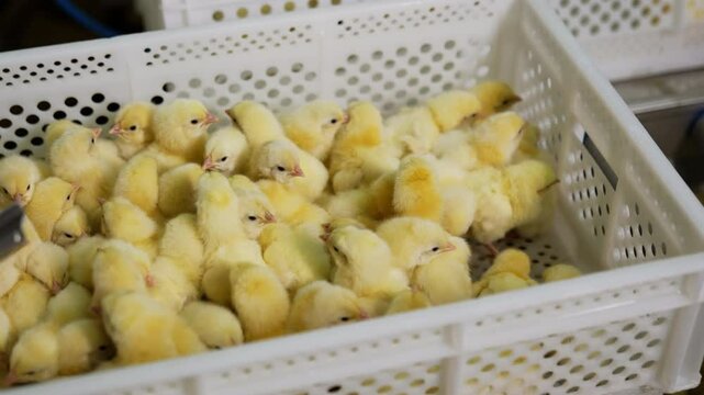 Bunching yellow fluffy chicks in the plastic box. Modern poultry business at the factory.