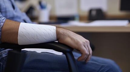 Obraz premium A male Hispanic adult with a bandaged arm, seated in an office environment.