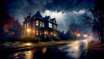 Fototapeta premium Creepy old run down and decaying old house on an empty street during a thunderstorm