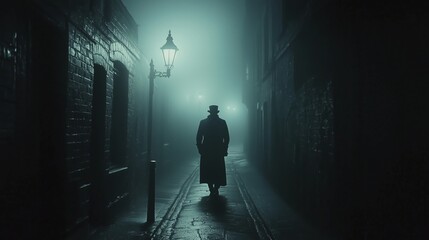 A mysterious figure walks through a foggy, dimly lit alley in an urban setting, evoking a sense of intrigue and suspense at night