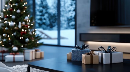 A sleek and stylish living area with large windows showcases a beautifully decorated Christmas tree and neatly wrapped gifts along with a serene winter outdoor scene.