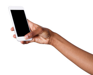 African-american woman taking picture using smartphone. Black hand holding mobile and shooting photo, isolated on white