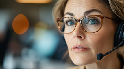 A focused woman efficiently manages communication tasks in a bustling call center, highlighted by the intensity and concentration of her gaze through stylish glasses.