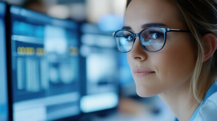 A tech-savvy woman intensely studies multiple computer screens in a high-tech office, representing modern work cultures and digital proficiency in detail.
