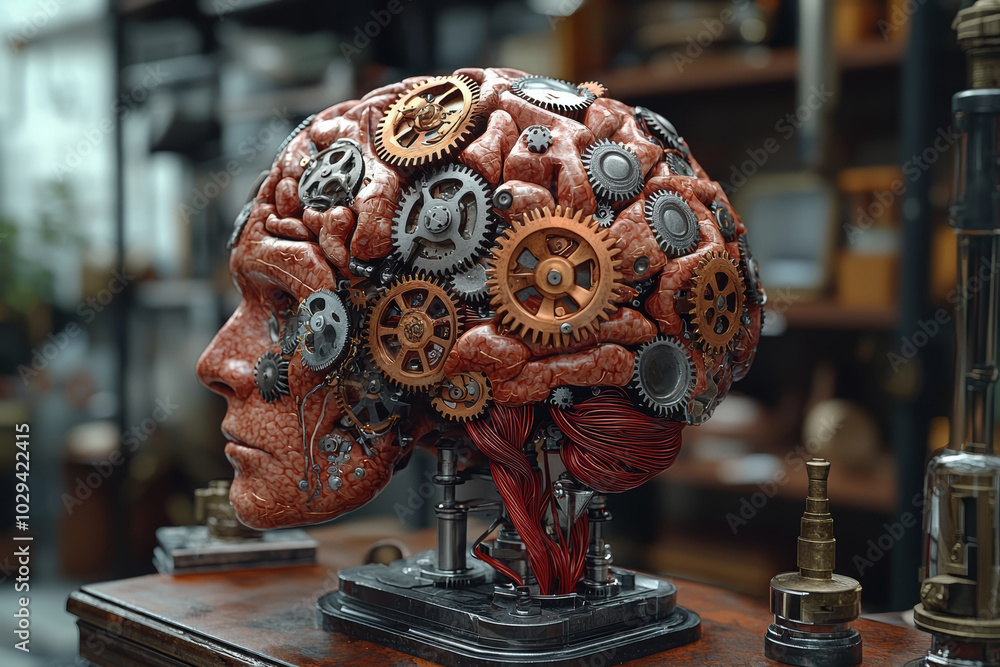 Poster a brain with gears instead of neurons, illustrating the mechanical processes of thought and mental h