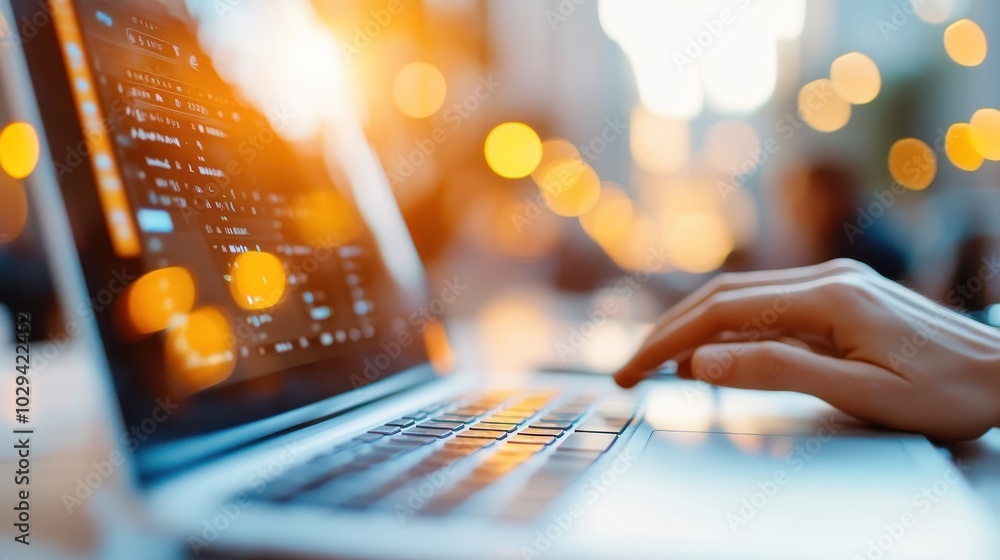 Poster a hand rests on a laptop showing code or data, amidst warm glowing lights, representing focus and de