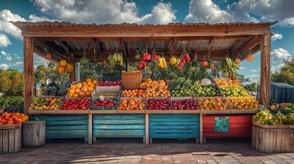 A colorful fruit stand overflowing with fresh produce, under a sunny sky.