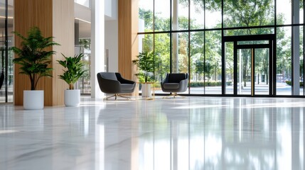A spacious, naturally-lit lobby with modern armchairs and huge glass windows, providing an elegant view of the outdoors, blending comfort with style.