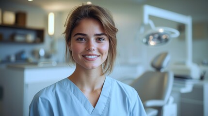 Fototapeta premium Professional dental assistant in scrubs smiling warmly in a bright clinic setting during working hours