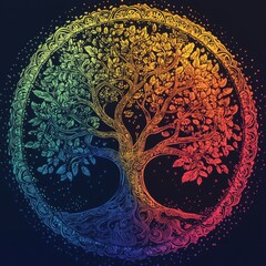 Sacred Tree Mandala: Spiritual Symbolism in Vibrant Colors and Decorative Abstract Design