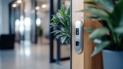 A sleek, modern security device integrated into a wooden door frame, demonstrating advanced technology and a blend of security and design aesthetics.