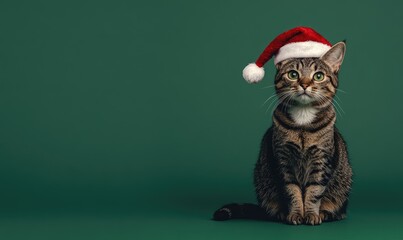 a cat sitting calmly in a Santa hat, green background, empty space on the right side